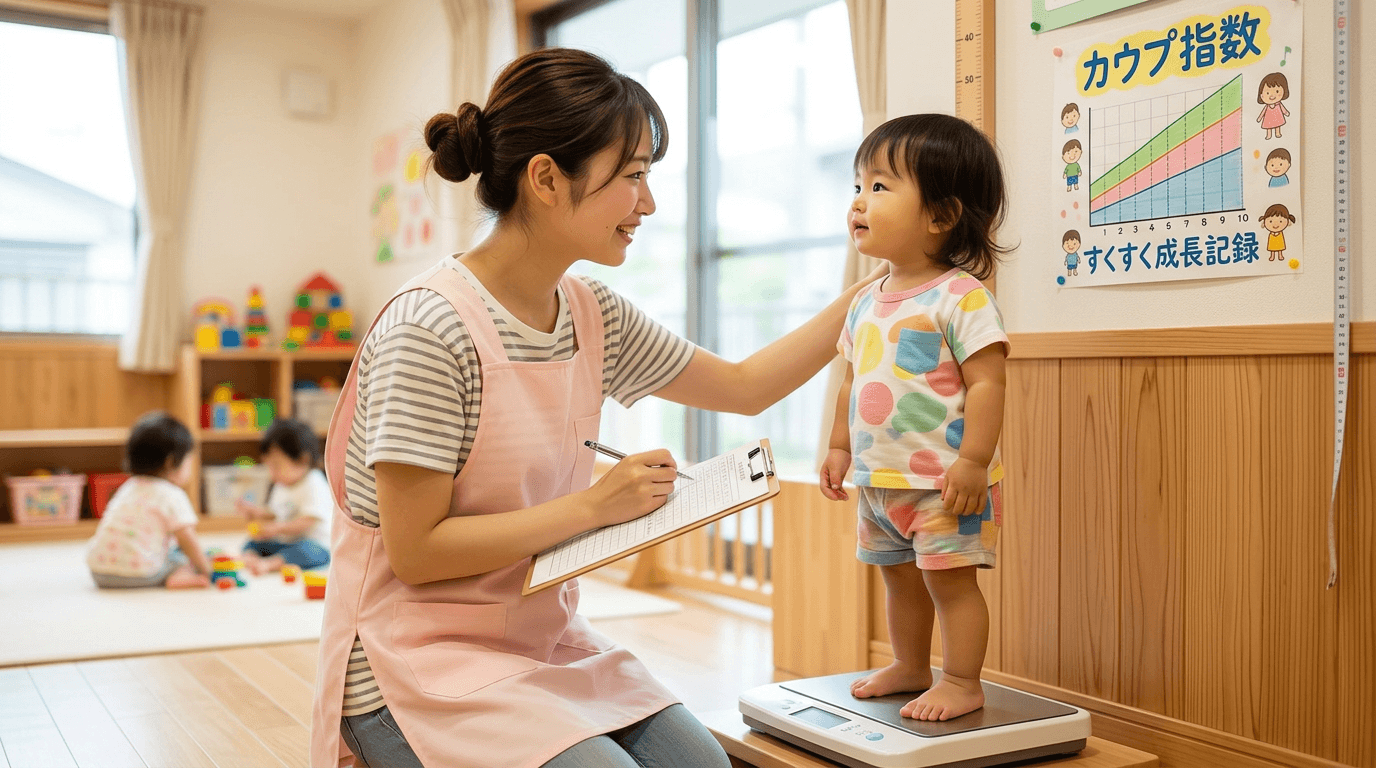 保育園で保育士が幼児の身長・体重を測定し、成長記録を確認している様子です。健康診断や身体測定を通じて子どもの発育を見守り、日々の健康管理を行う保育現場を表したイメージ画像です。